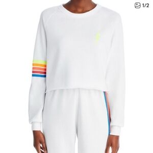 NWT Aviator Nation White Cropped Sweatshirt with Neon Stripes Medium